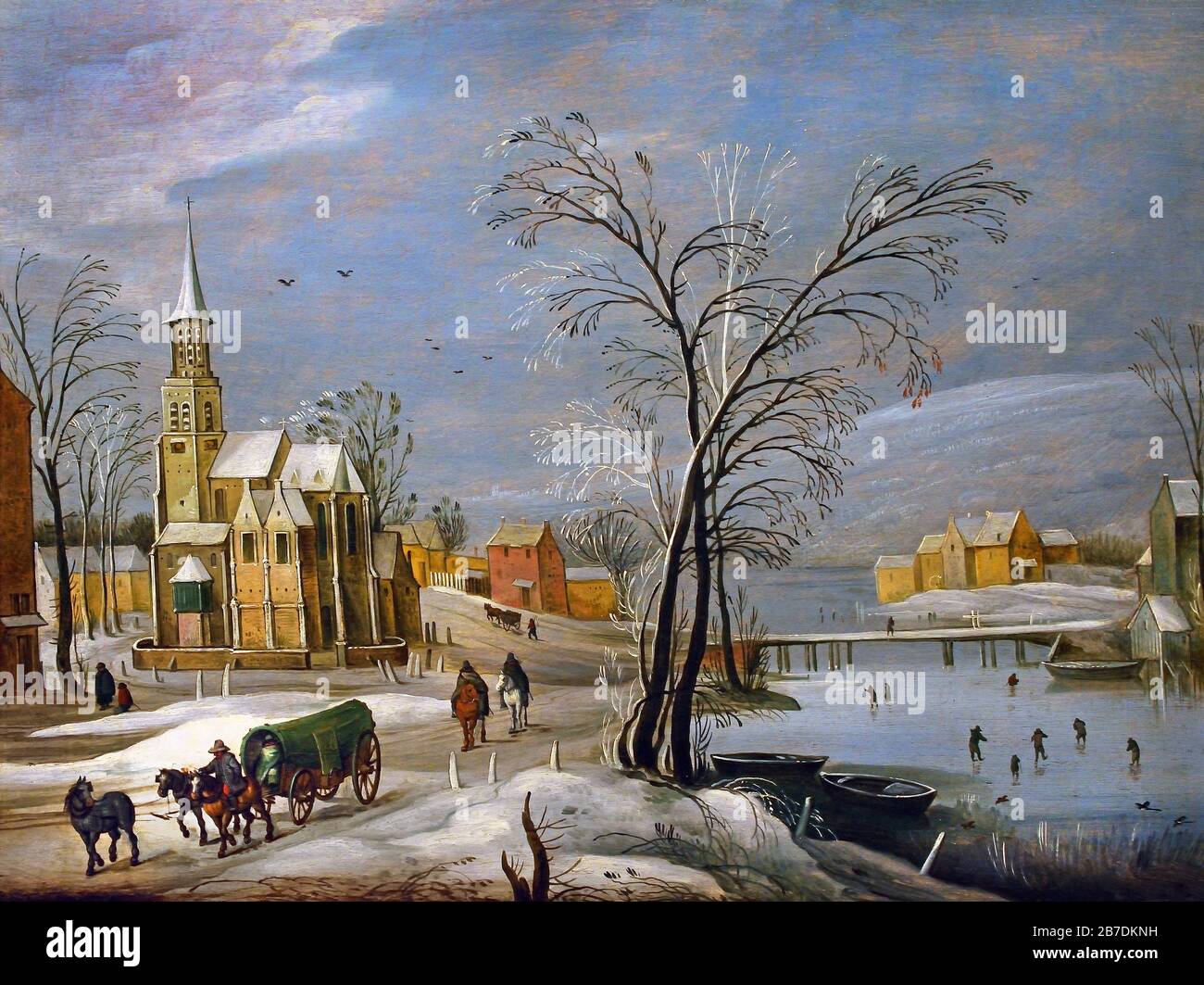 Flemish Village in Winter with skaters 1630-1635 by Jan Brueghel the Younger 1601-1678 The Brueghel family ( Bruegel or Breughel ),  Flemish painters 16th - 17th century, Belgian, Belgium. Stock Photo