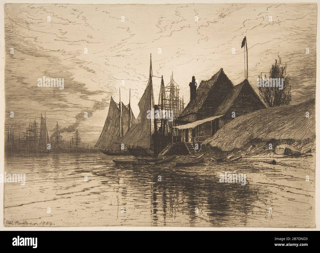 http://www.metmuseum.org/art/collection/search/381008 Artist: Henry Farrer, American, London 1844?1903 New York, Evening, New York Harbor, 1884, Etching, Plate: 9 3/4 ? 13 7/16 in. (24.7 ? 34.2 cm) Sheet: 14 1/16 x 18 1/8 in. (35.7 x 46.1 cm). The Metropolitan Museum of Art, New York. The Edward W. C. Arnold Collection of New York Prints, Maps and Pictures, Bequest of Edward W. C. Arnold, 1954 (54.90.946) Stock Photo