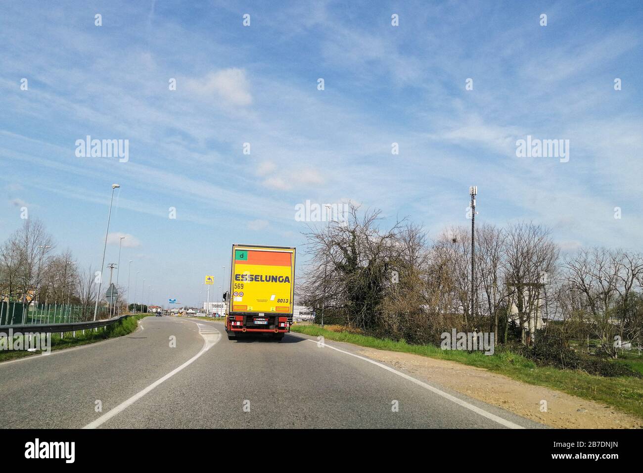 Italy, Inveruno, truck transporting food supplies to supermarkets Stock Photo