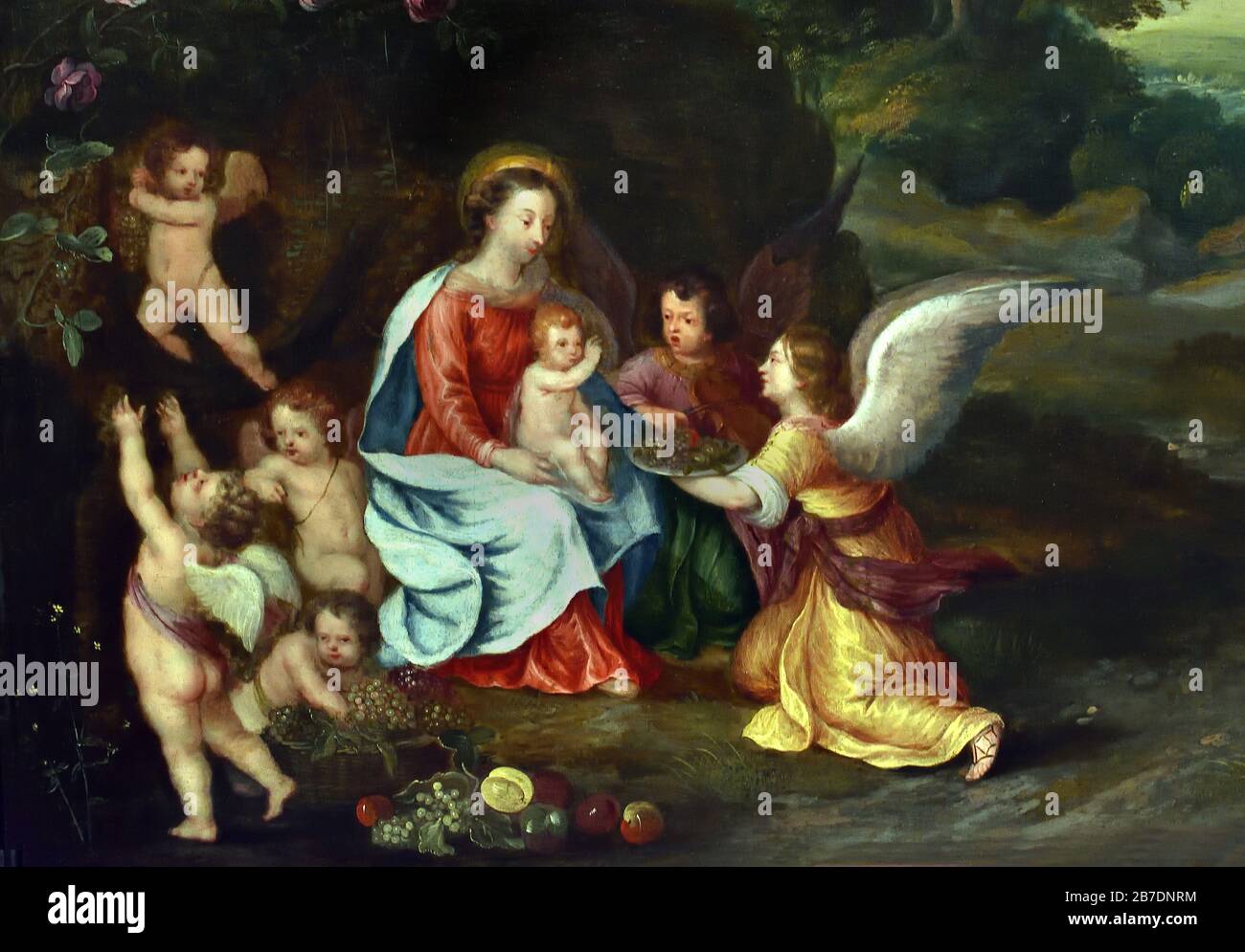 Madonna And Child with Angels in a Landscape 1630 by Jan Brueghel the Younger 1601-1678, The Brueghel family ( Bruegel or Breughel ),  Flemish painters 16th - 17th century, Belgian, Belgium. Stock Photo