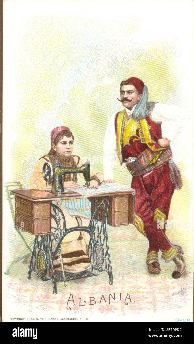 Advertisement showing two Albanians  at their Singer Sewing machine 1894 Stock Photo