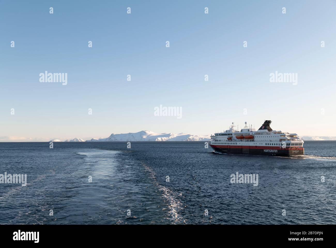 MS Nordkapp departing Havøysund, Norway. Stock Photo