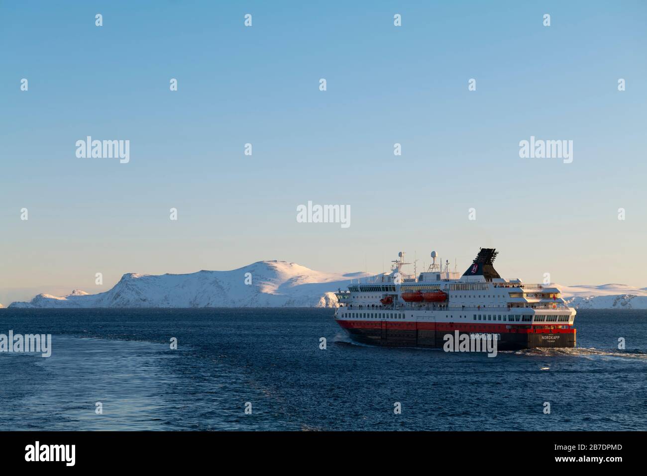 MS Nordkapp departing Havøysund, Norway. Stock Photo