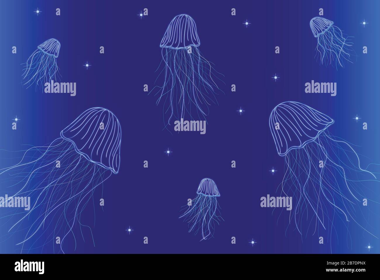 Fluorescent paint jellyfish swim across the sea Stock Photo