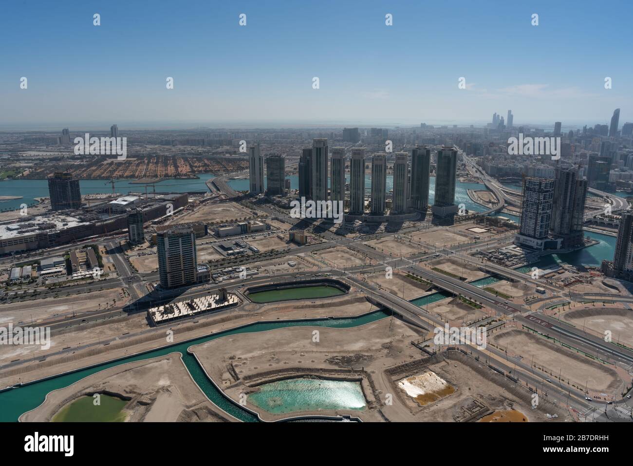 Aerial view of Abu Dhabi city skyline from Al Reem Island Middle East