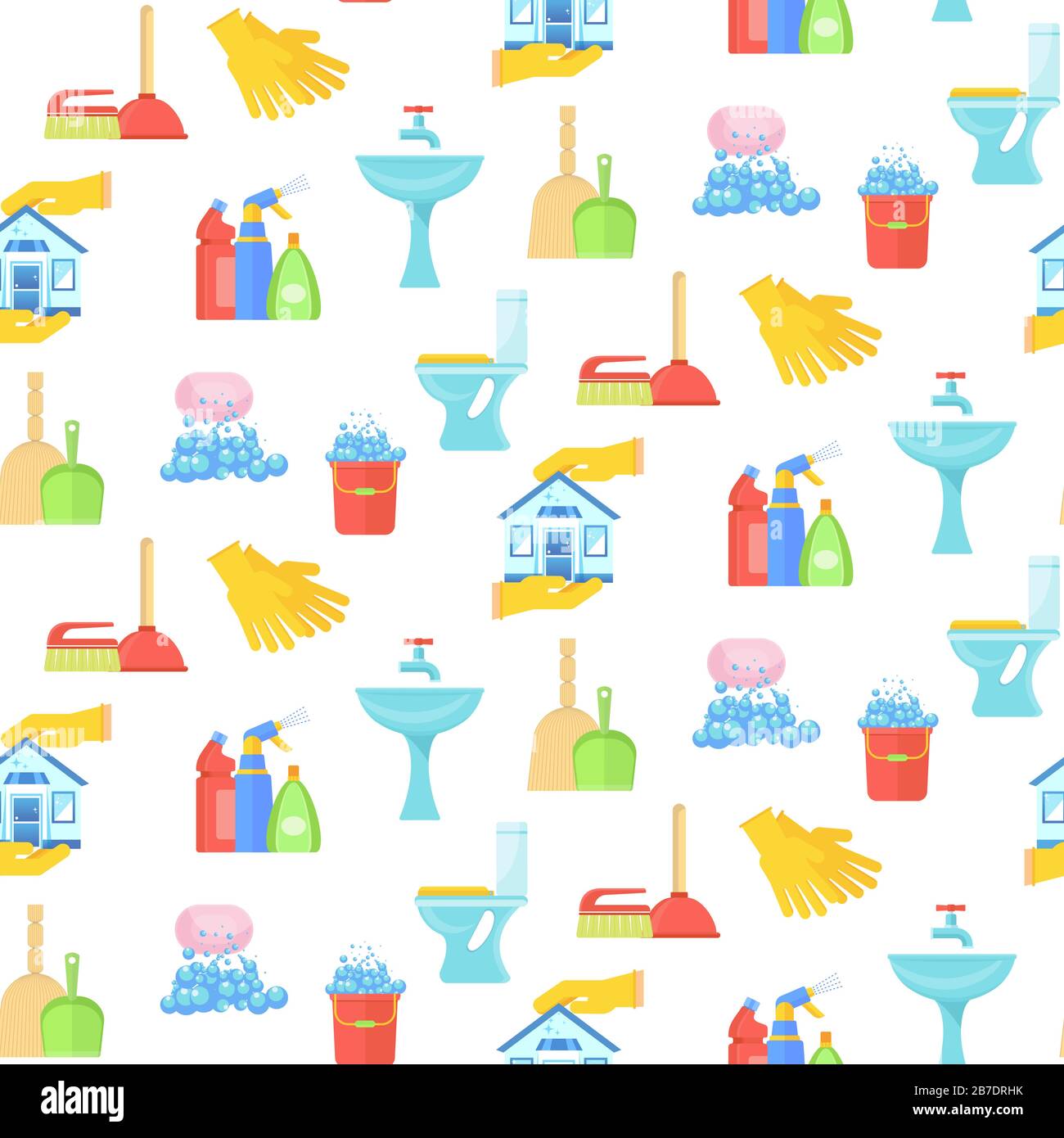 Seamless pattern with cleaning tools in bathroom. Stock Vector