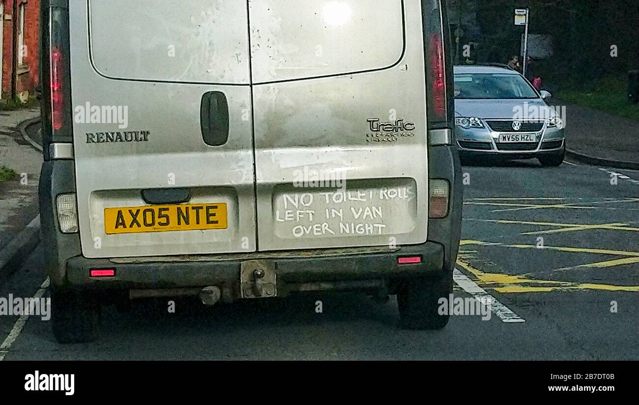 A white van is spotted in Stroud, Gloucestershire with writing on the rear of the vehicle.  The words no toilet rolls are left in van overnight can be seen written in the dirt on the back door.  This is the sense of humor the british have during the Coronavirus.  Please credit Rowan Crilly.          by Gavin Crilly Photography, NO SALES, NO SYNDICATION contact for more information mob: 07810638169 web: www.pressphotographergloucestershire.co.uk email: gavincrilly@gmail.com    The photographic copyright (© 2015) is exclusively retained by the works creator at all times and sales, syndication or Stock Photo