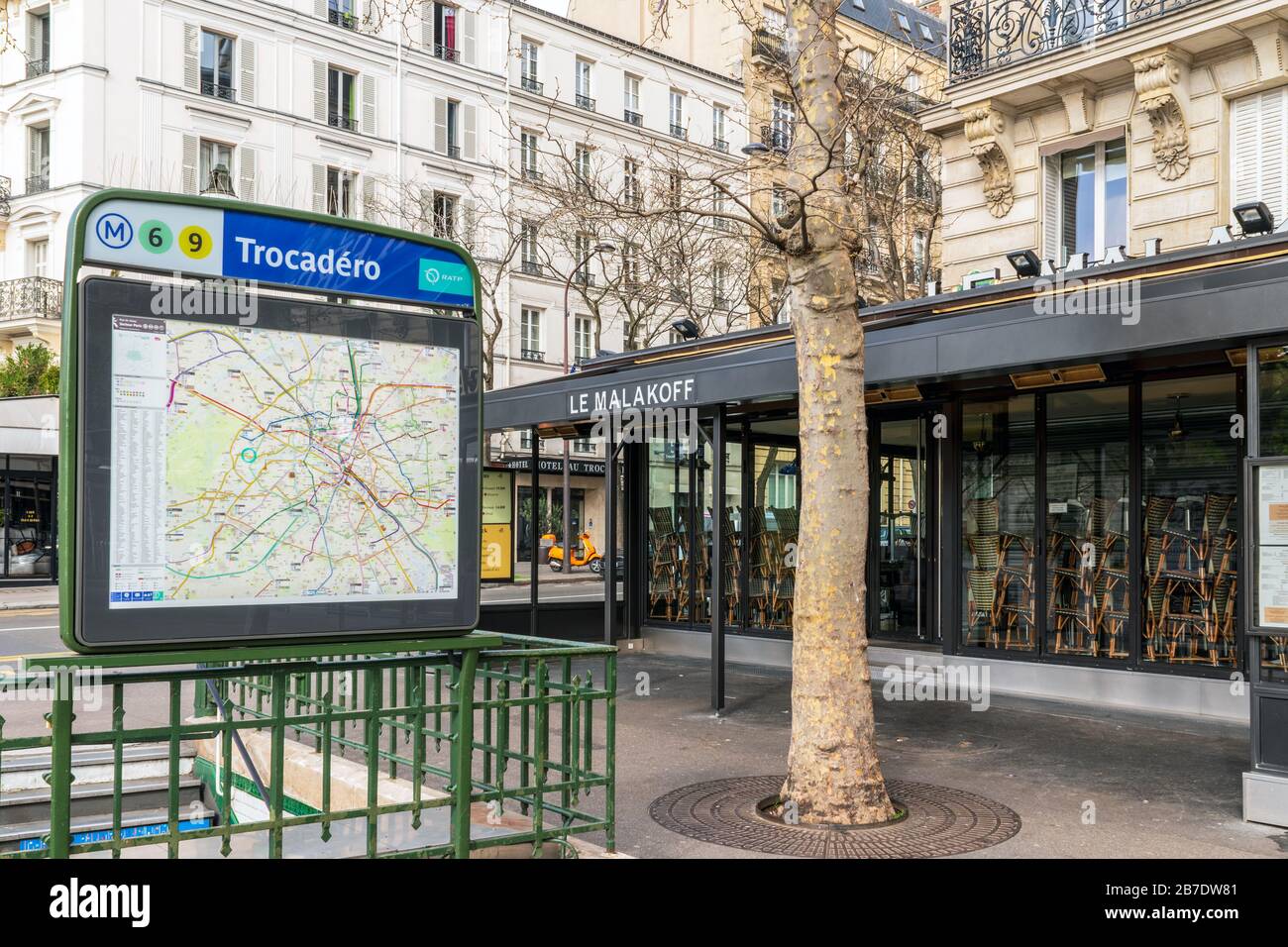 Cafe at Trocadero closed because of Coronavirus epidemic - Paris, France Stock Photo