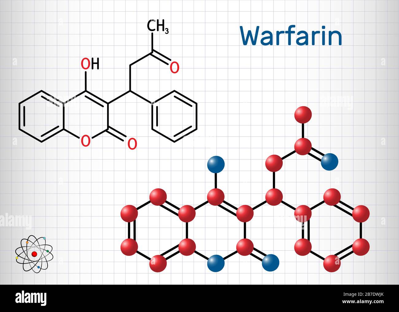 Warfarin, C19H16O4 molecule. Warfarin is an anticoagulant drug normally used to prevent blood clot formation. Sheet of paper in a cage. Vector illustr Stock Vector
