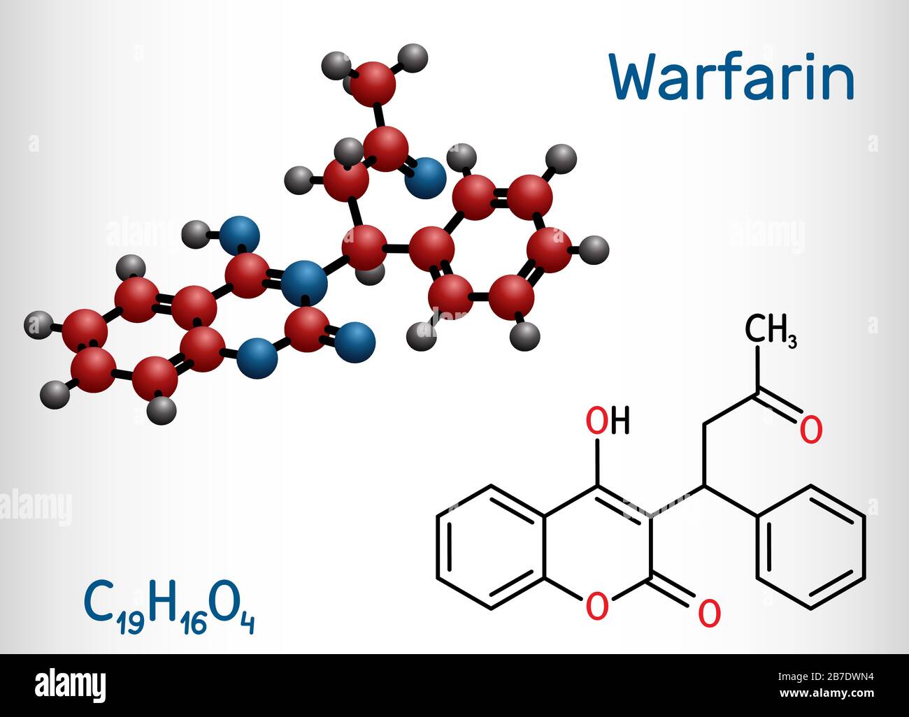 Warfarin, C19H16O4 molecule. Warfarin is an anticoagulant drug normally used to prevent blood clot formation. Structural chemical formula and molecule Stock Vector