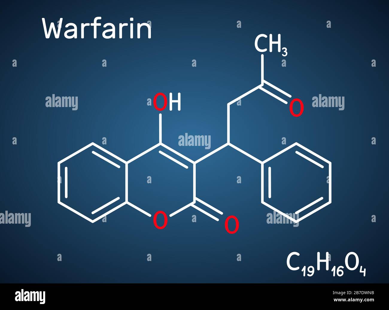 Warfarin, C19H16O4 molecule. Warfarin is an anticoagulant drug normally used to prevent blood clot formation. Structural chemical formula on the dark Stock Vector