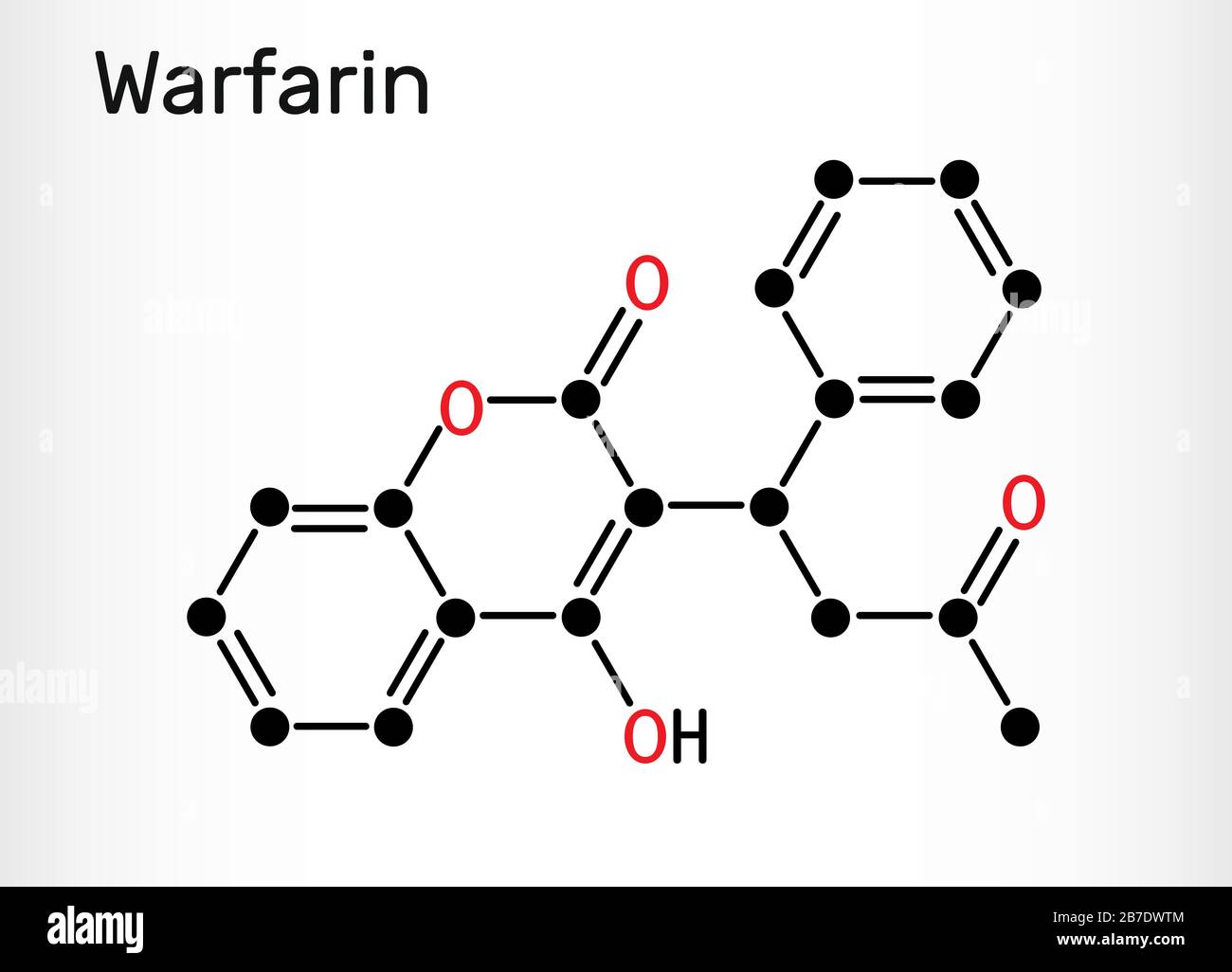 Warfarin, C19H16O4 molecule. Warfarin is an anticoagulant drug normally used to prevent blood clot formation. Skeletal chemical formula. Vector illust Stock Vector