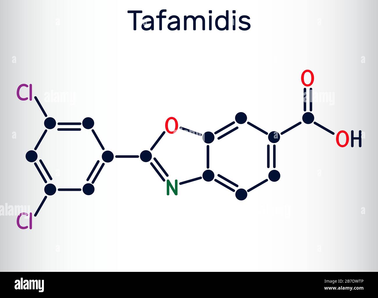 Tafamidis molecule. It is a medication used to delay loss of peripheral nerve function in adults. Structural chemical formula. Vector illustration Stock Vector