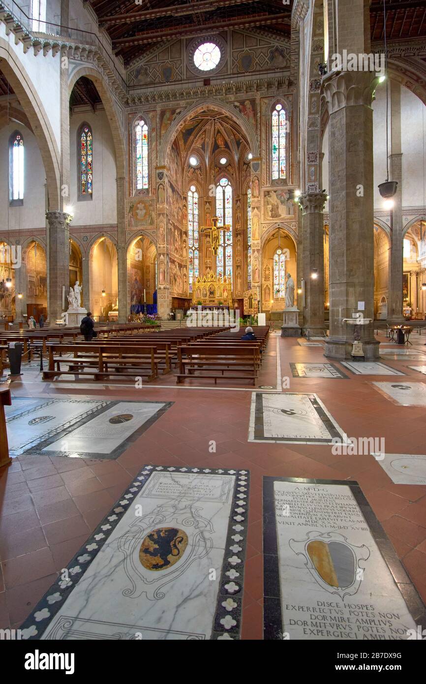 FLORENCE ITALY INTERIOR SANTA CROCE CHURCH THE FRANCISCAN BASILICA MEMORIAL PLAQUES ON THE FLOOR OF THE CHURCH Stock Photo