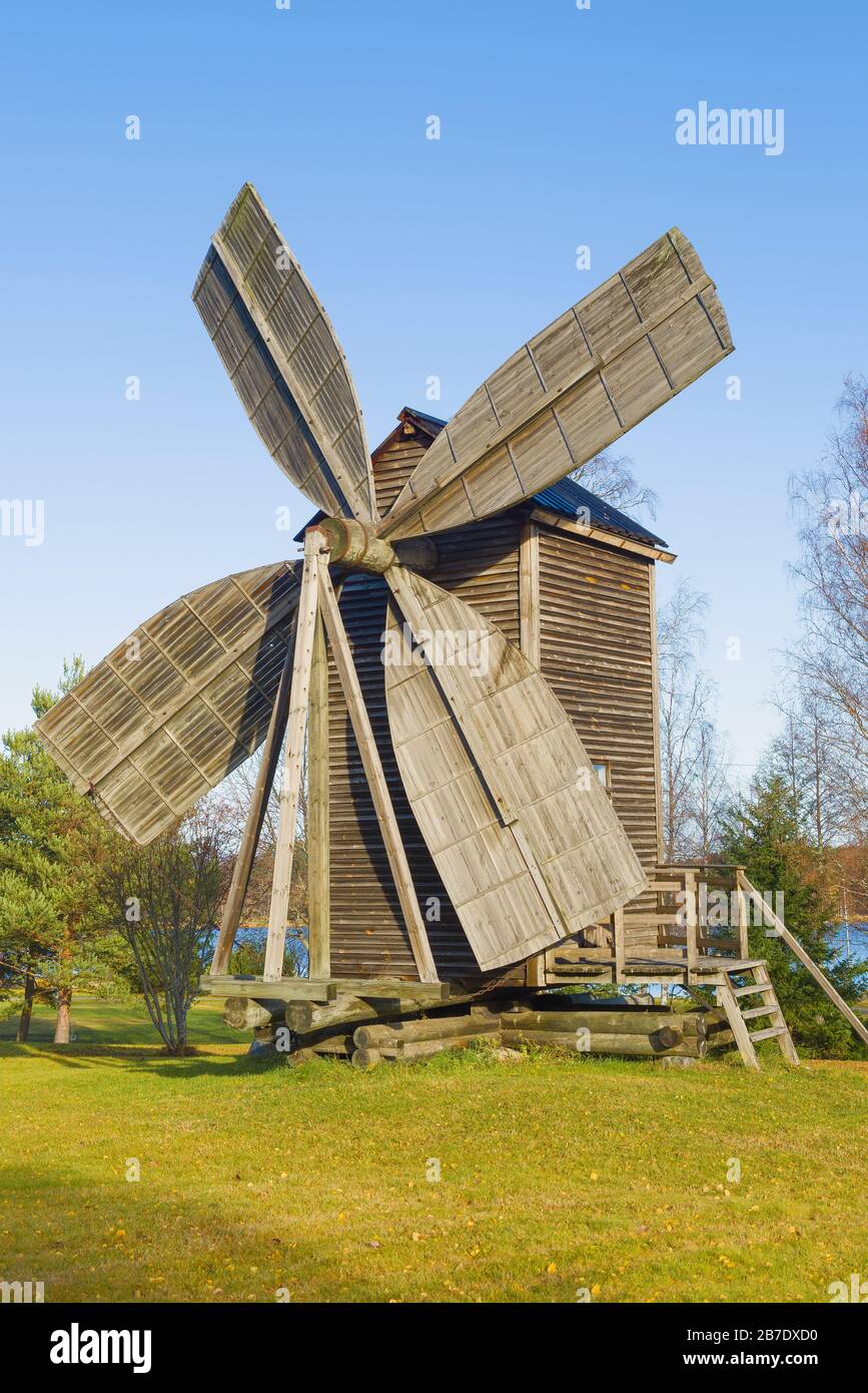 Old wooden mill close-up on October day. Rantasalmi, Finland Stock Photo