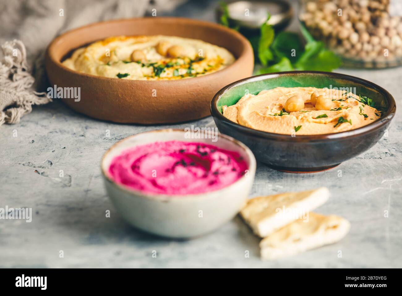 Various Vegetarian dips hummus. Different kinds of dips. Traditional