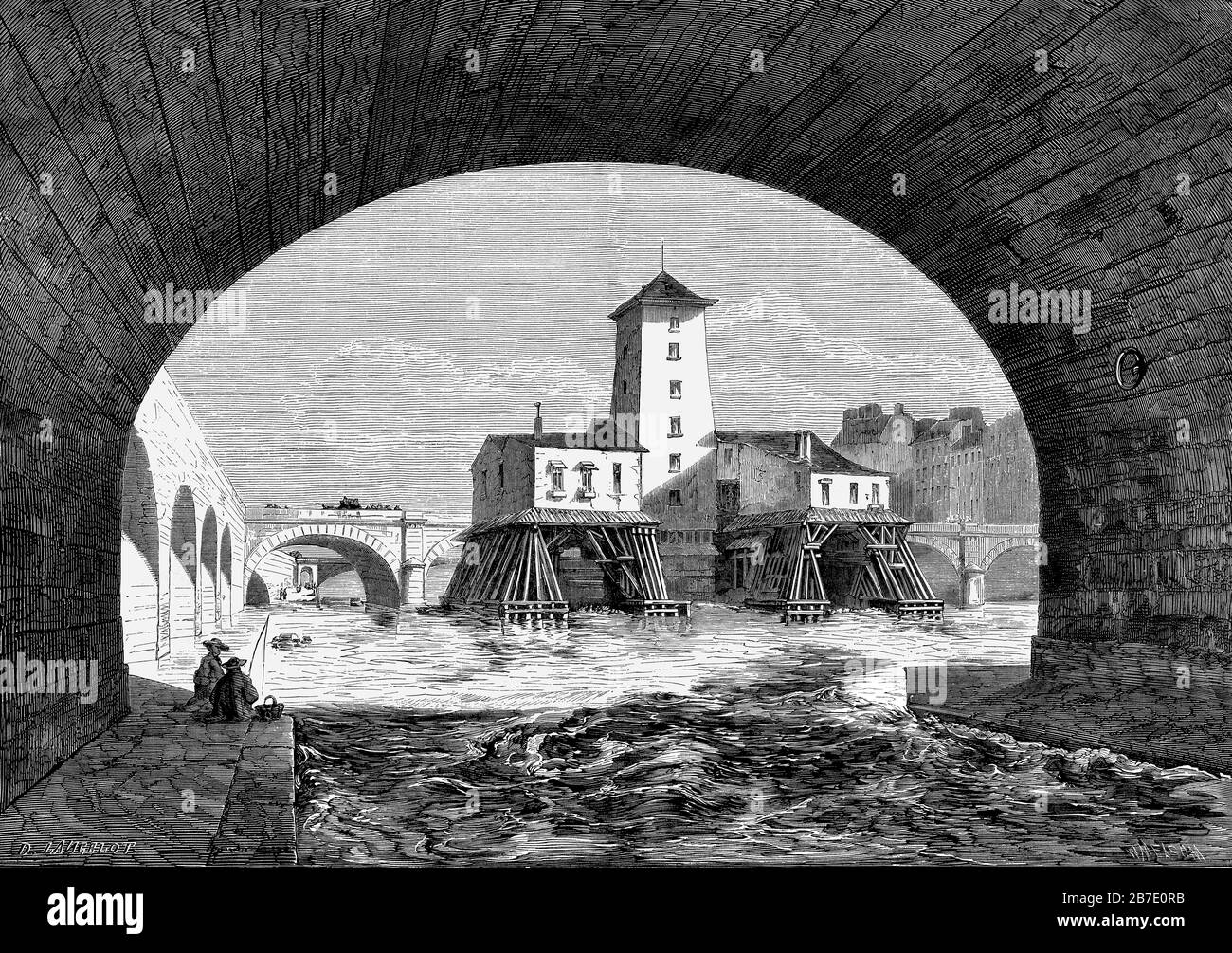 View of the Notre-Dame bridge pump, Paris, France, 1854 Stock Photo