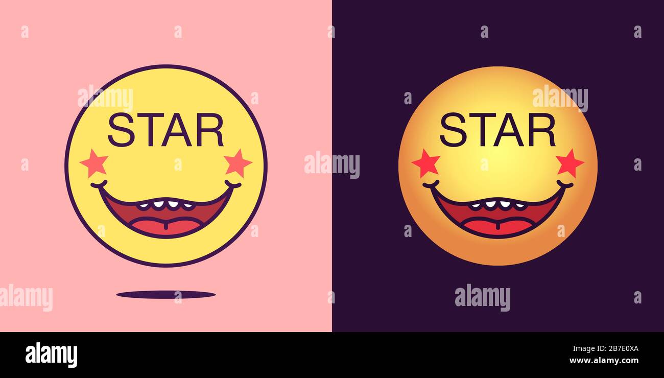 Emoji face icon with phrase Star. Starry emoticon with text Star. Set of cartoon faces, emotion icon for social media communication, celebrity sticker Stock Vector