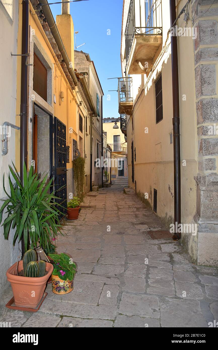 A narrow street between the old houses of a medieval village in