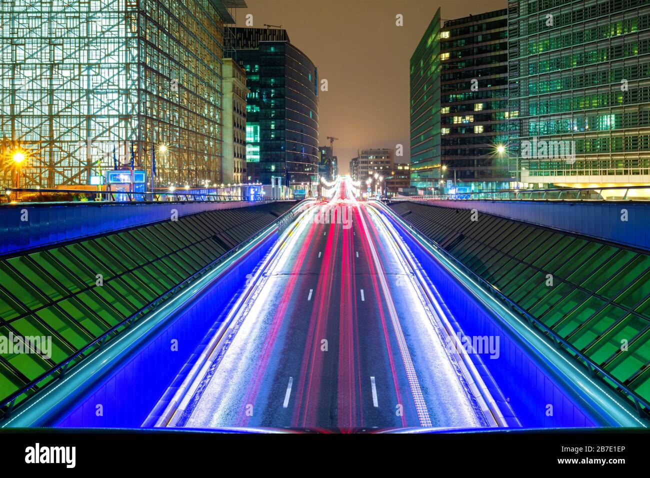 Light Trails in Brussels (Belgium) by Night Stock Photo