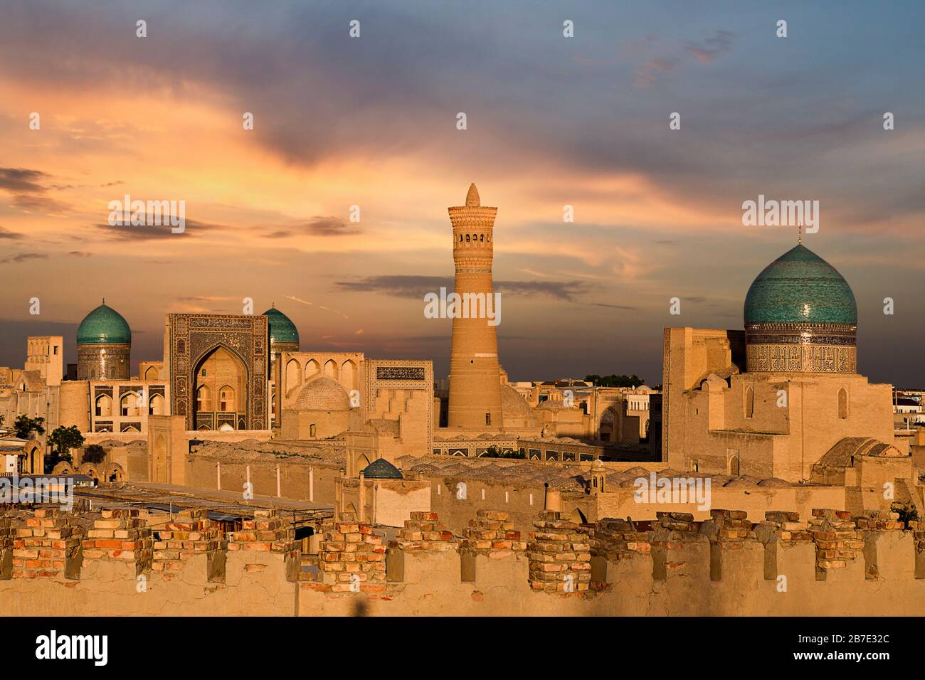 View over the Poi Kalon Mosque and Minaret at the sunset, in Bukhara, Uzbekistan Stock Photo