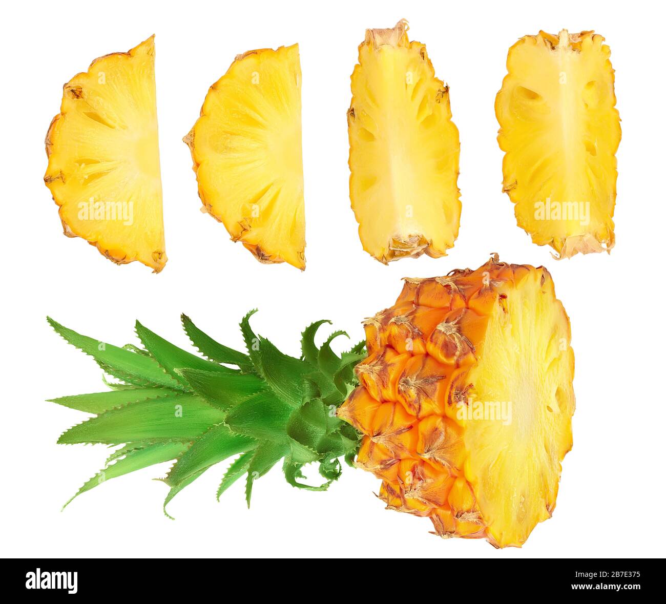pineapple half with slice isolated on white background with full depth ...