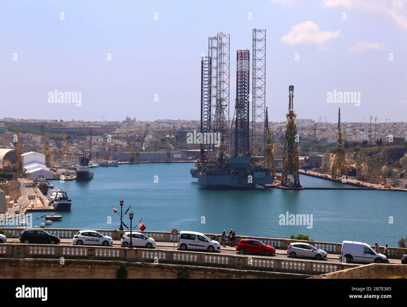 Valletta. Malta.Palumbo Malta Shipyard at Cospicua. View over Grand Harbour. Jack Up Oil Rigs. Stock Photo
