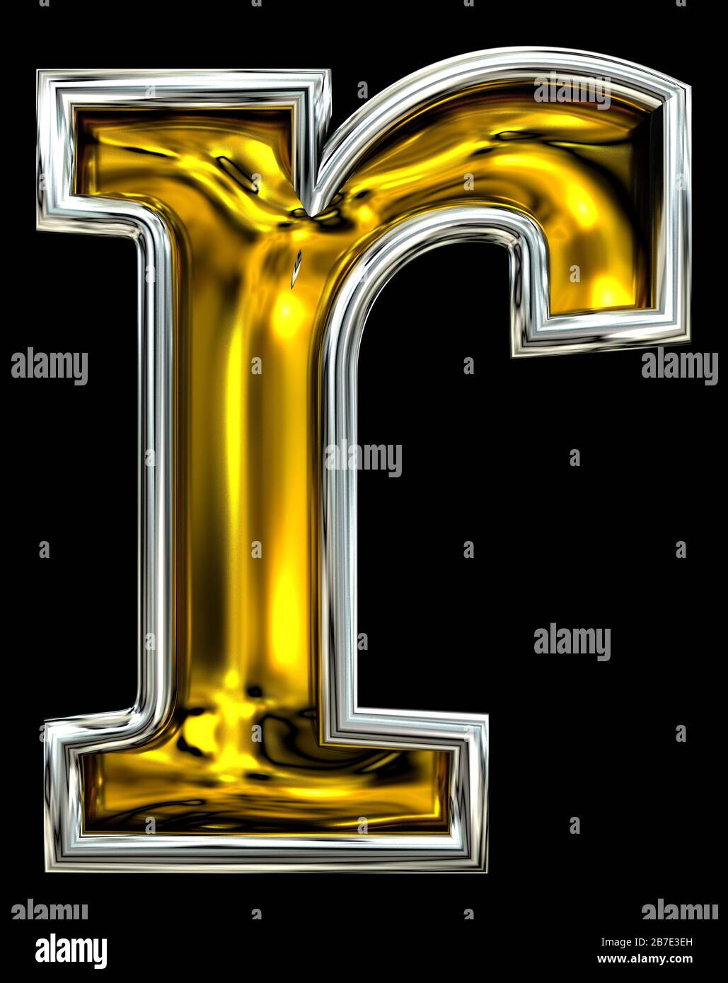 3D rendering. Lowercase Letter r. Cool Door number style font. Clear high resolution ABC render.  Embossed metal blend. Silver rimmed. Isolated on bla Stock Photo