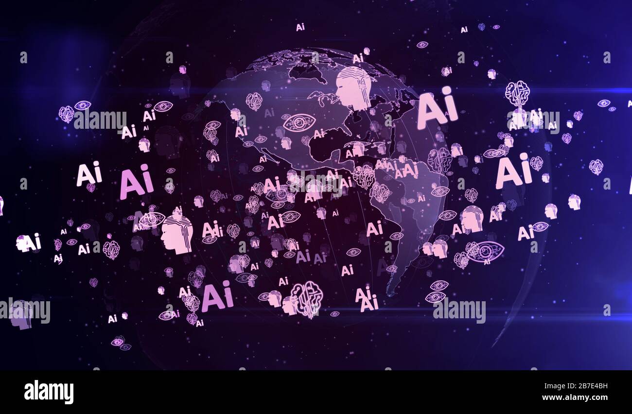 Artificial intelligence, cybernetic brain and machine learning symbols on digital globe 3d illustration. Abstract concept background of future technol Stock Photo