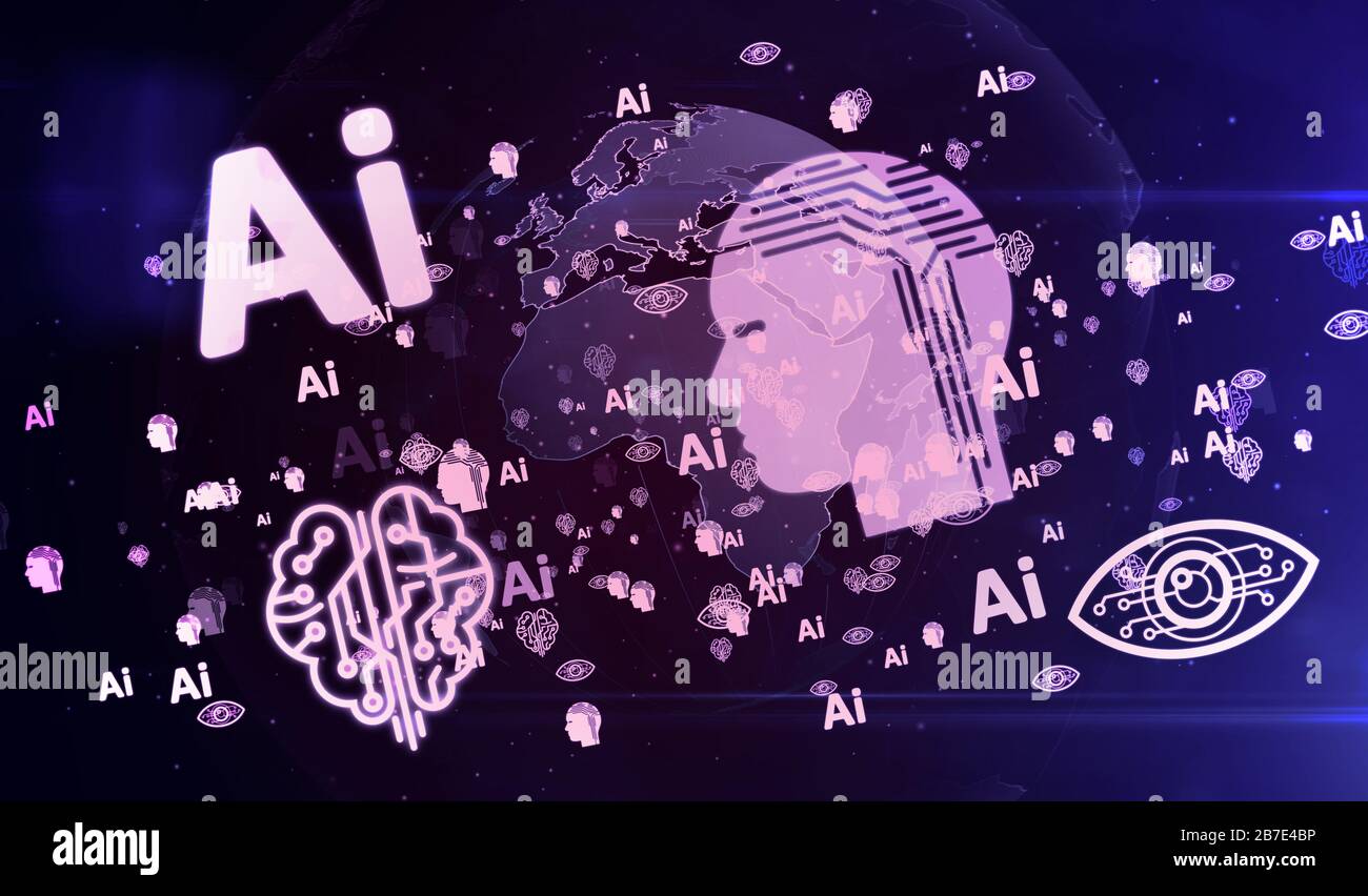Artificial intelligence, cybernetic brain and machine learning symbols on digital globe 3d illustration. Abstract concept background of future technol Stock Photo
