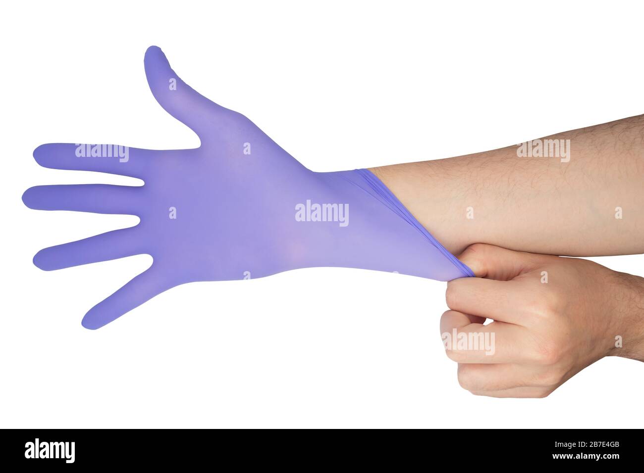 Hands wearing a blue latex glove isolated on white background Stock Photo