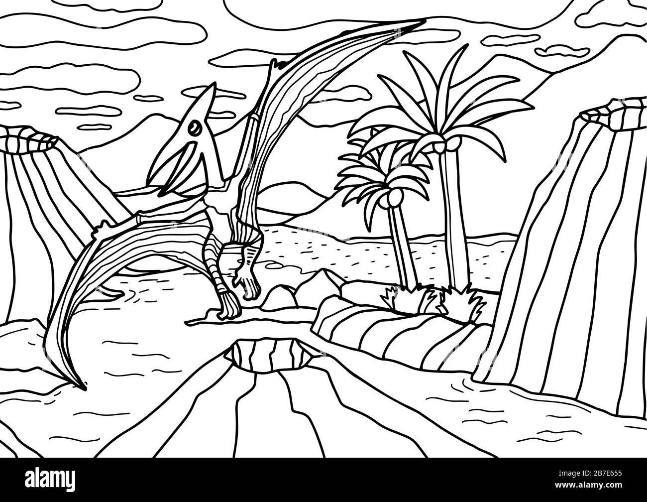 Dinosaur Pterodactyl or Pteranodon coloring book for children and adults.Hand drawn antistress coloring page. Vector outline T Rex illustration. Stock Vector