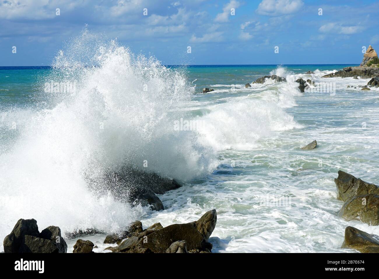 Stormy sea near Tropea, Calabria in Italy in the summer of 2019. Stock Photo