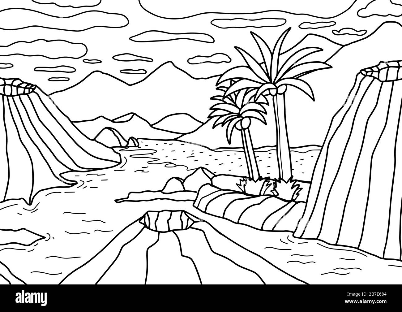 Mountains, volcanoes and palm trees by the ocean. Coloring book for children and adults. antistress coloring page. Vector outline illustration. Stock Vector