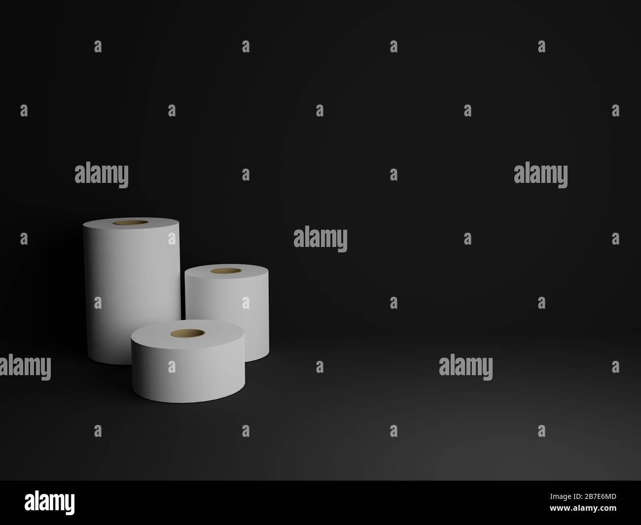 Realistic 3D toilet and kitchen papers, three rolls. Black background. Stock Photo