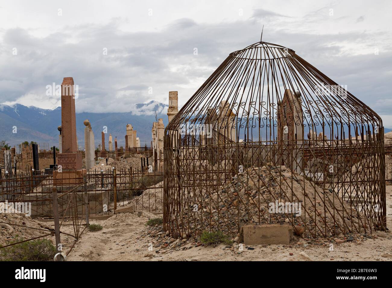Central asian muslim cemetery near the Issyk Kul Lake, in Kyrgyzstan Stock Photo