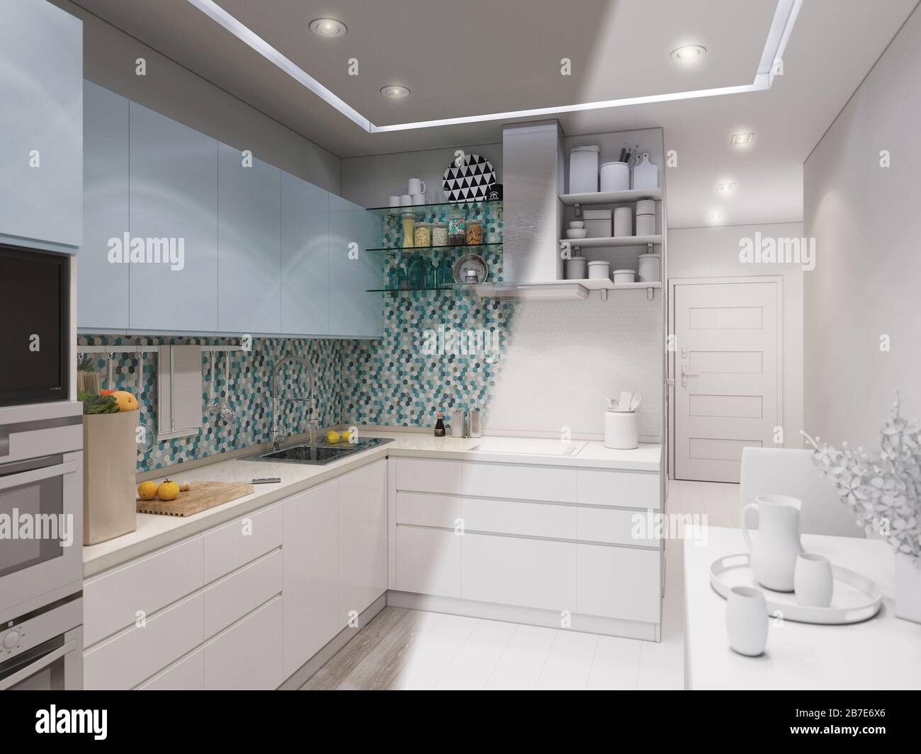 3d illustration design interior of modern kitchen with blue and white ...