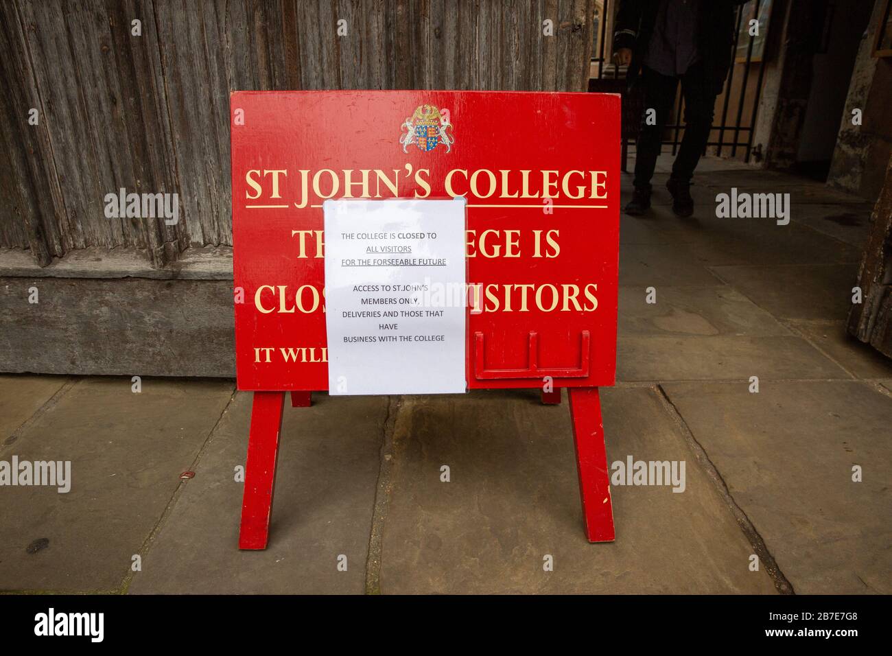 Picture dated March 14th shows St JohnÕs College closed in Cambridge on Saturday due to the Coronavirus outbreak.   The world-famous university city of Cambridge was empty this morning (Sat) with shoppers and tourists staying away as coronavirus spreads across Britain.  The River Cam in the historic city centre was also quiet with punt operators suffering from the lack of Chinese and Japanese tourists. The picturesque Backs would normally be packed with punts on a sunny spring day, but today there were only a handful on the river. Stock Photo