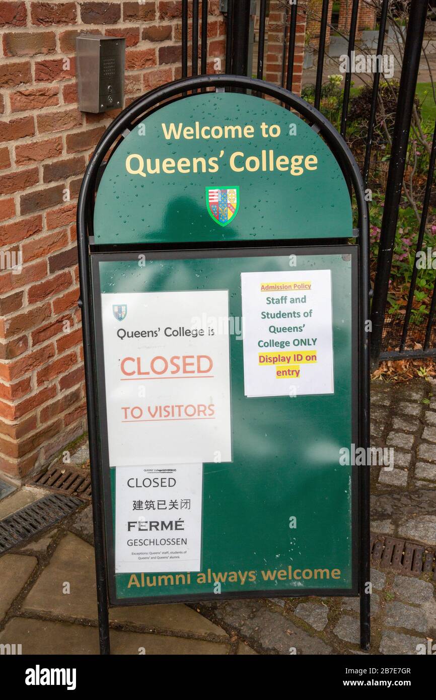 Picture dated March 14th shows QueensÕ College closed in Cambridge on Saturday due to the Coronavirus outbreak.   The world-famous university city of Cambridge was empty this morning (Sat) with shoppers and tourists staying away as coronavirus spreads across Britain.  The River Cam in the historic city centre was also quiet with punt operators suffering from the lack of Chinese and Japanese tourists. The picturesque Backs would normally be packed with punts on a sunny spring day, but today there were only a handful on the river. Stock Photo
