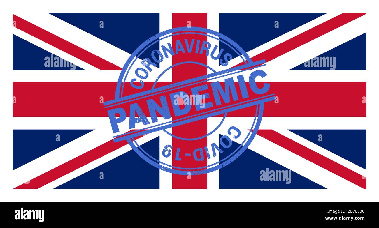 Coronavirus alert stamp UK. Covic-19 alert in United Kingdom. Vector illustration with UK flag background. EPS 10 Stock Vector