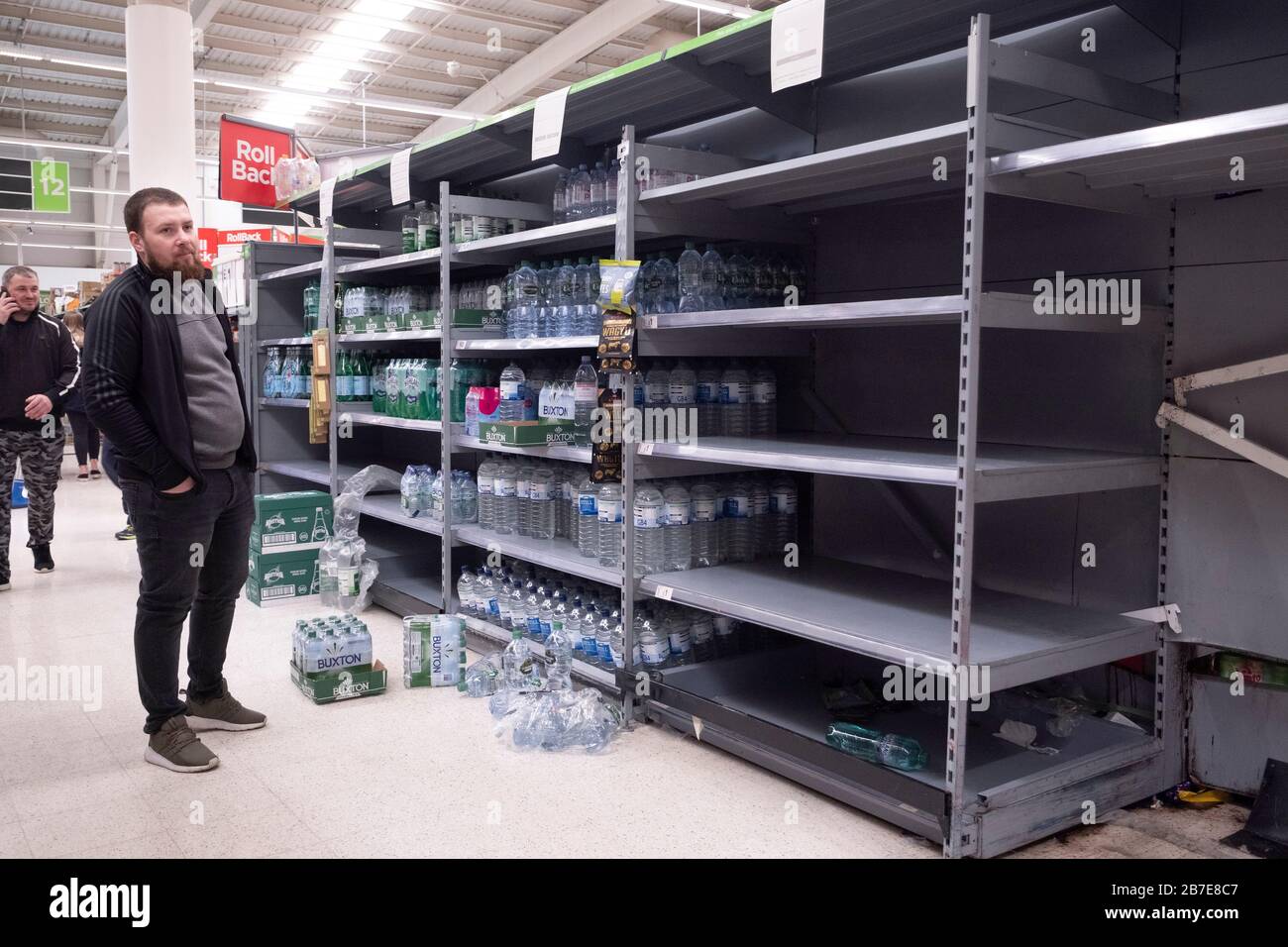 15 March 2020. London, United Kingdom. Shoppers at a supermarket panic buying items as the Coronavirus disease outbreak spreads across the UK. Household and food items such as pasta, toilet paper and cleaning products have been in short supply. Photo by Ray Tang/Ray Tang Media Stock Photo