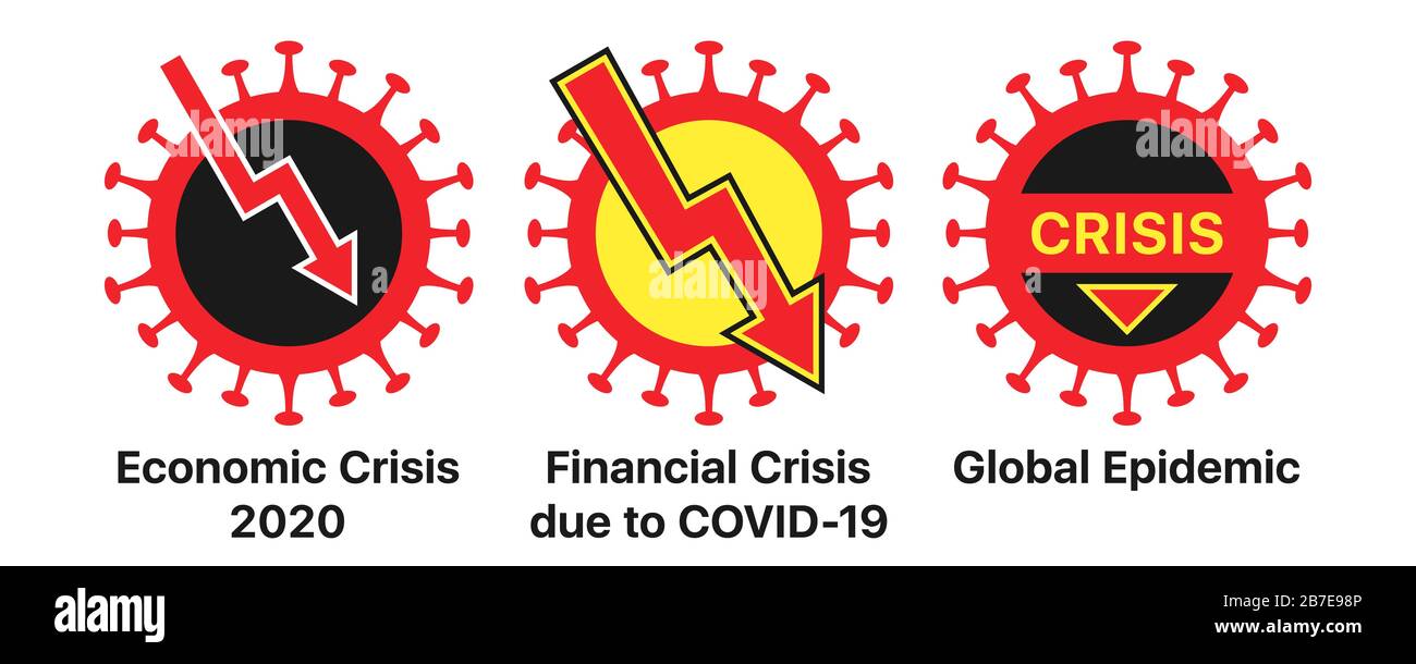 Economic crisis and coronavirus, icon set. Global financial crisis due to COVID-19 virus infection, warning sign set. Stock drop, decrease market trad Stock Vector