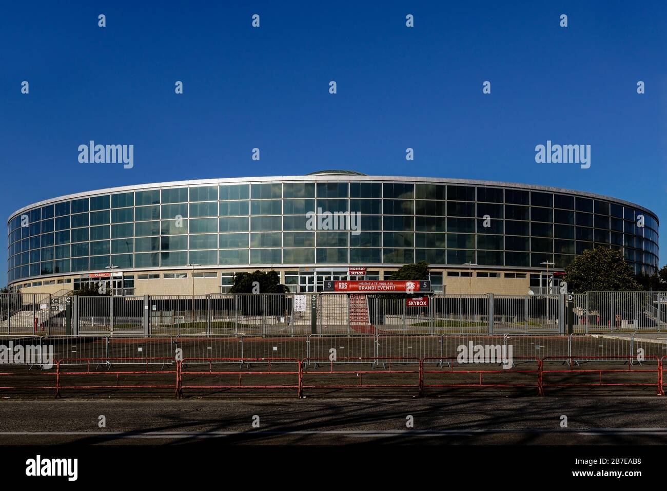 Palaeur, Palazzo dello Sport, Sport Palace venue exterior, Eur district. Rome, Italy, Europe, EU. Clear blue sky, copy space. Stock Photo