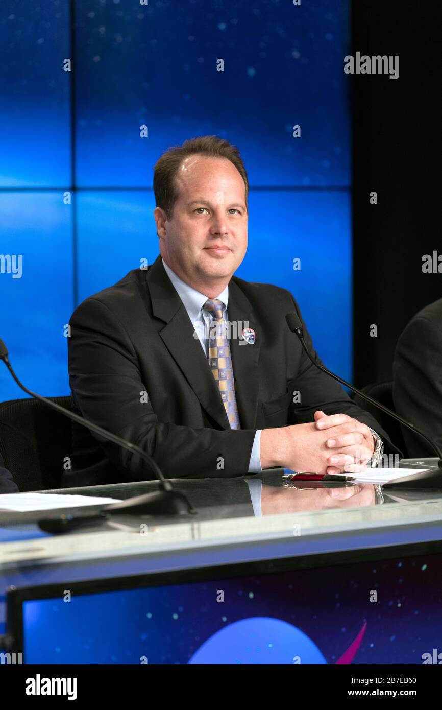 NASA Civil Space Programs Boeing Project Manager James Wilson III speaks to the media during a pre-launch press conference for the NASA Tracking and Data Relay Satellite at the Kennedy Space Center Press Site Auditorium August 17, 2017 in Merritt Island, Florida. The TDRS-M spacecraft will launch atop a United Launch Alliance Atlas V rocket. Stock Photo