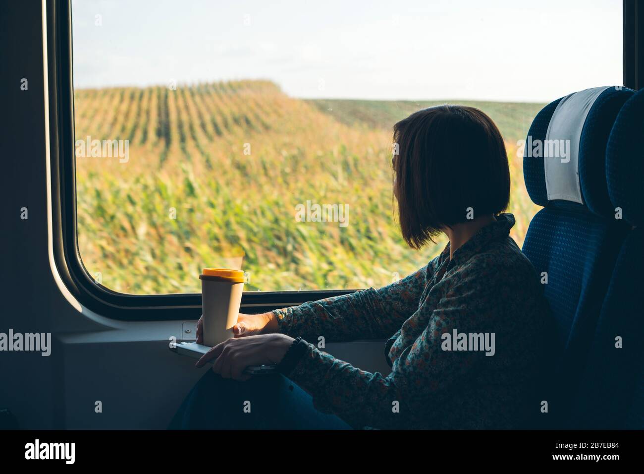A woman sitting by the window of a commuter train with a laptop and coffee cup Stock Photo