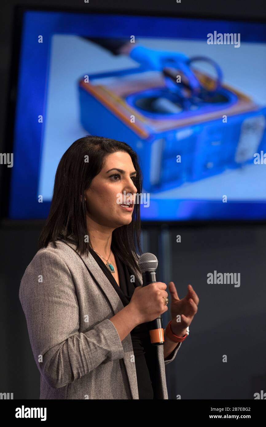 NASA Ames Research Center Mission Scientist Yasaman Shirazi speaks during a pre-launch press conference for the SpaceX Falcon 9 rocket CRS-13 commercial resupply mission to the NASA International Space Station at the Kennedy Space Center Press Site Auditorium December 12, 2017 in Merritt Island, Florida. Stock Photo