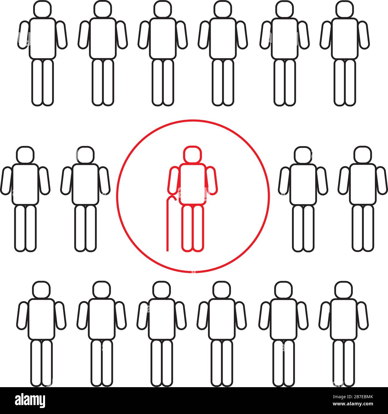 Social distancing and self isolation for elderly people during the coronavirus COVID19 quarantine. Crowd of people and person in the isolation. Vector. Stock Vector