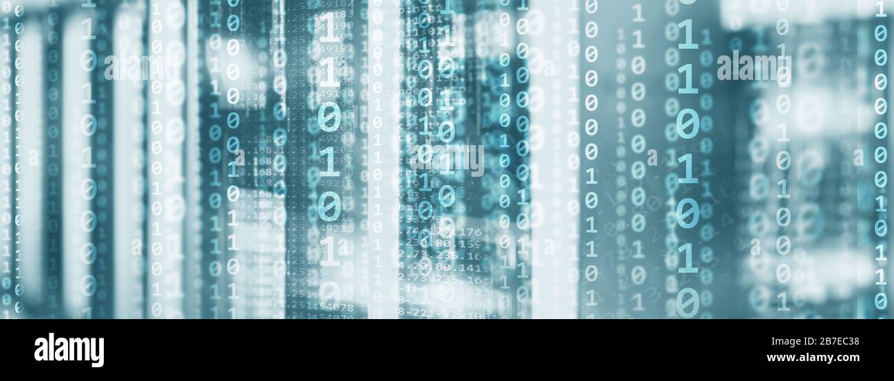 Digital Binare Code on Data Center Background. Technology Panoramic Wallpaper for your Business Stock Photo