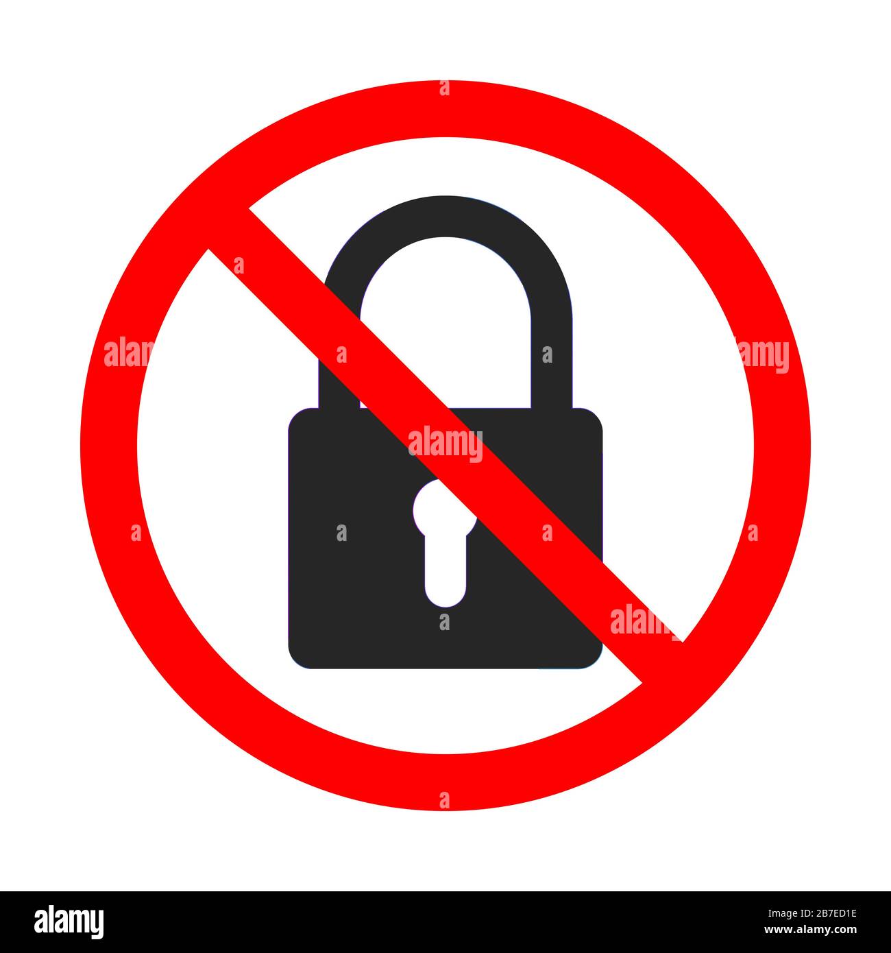 No lock sign on white background. Lock is forbidden. No lock icon. Red