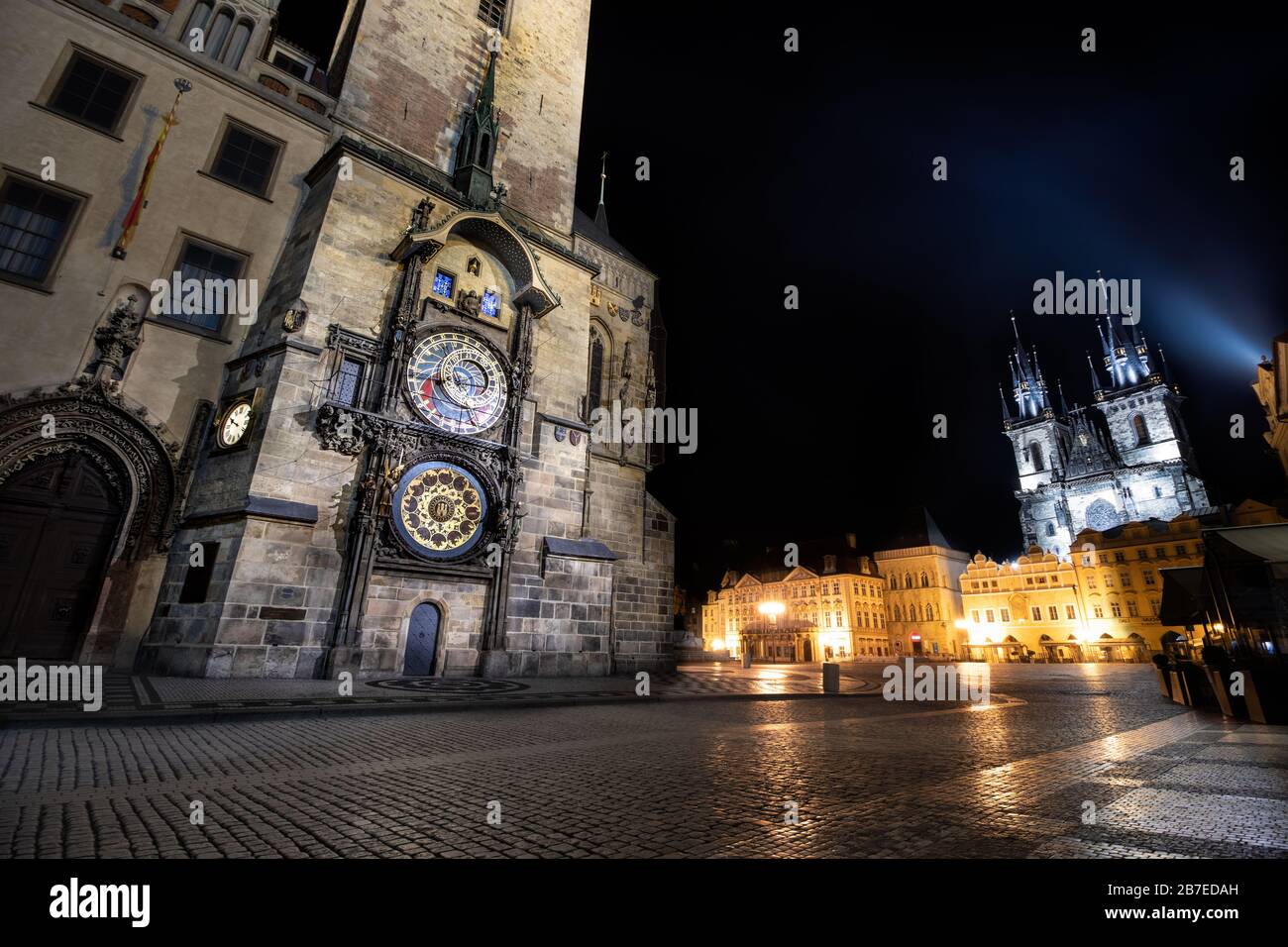 View on Old Town Hall and Church of Our Lady before Týn on Old Town Square during lockdown,coronavirus outbreak, in the evening with no people on tour Stock Photo